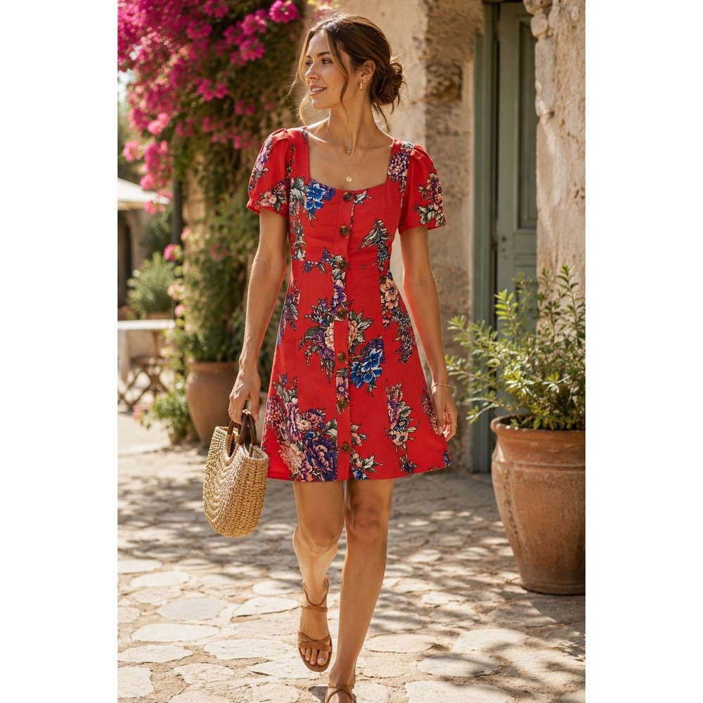 Maeve Anthropologie Caldwell Red‎ Floral Button Front Garden Party Dress 6